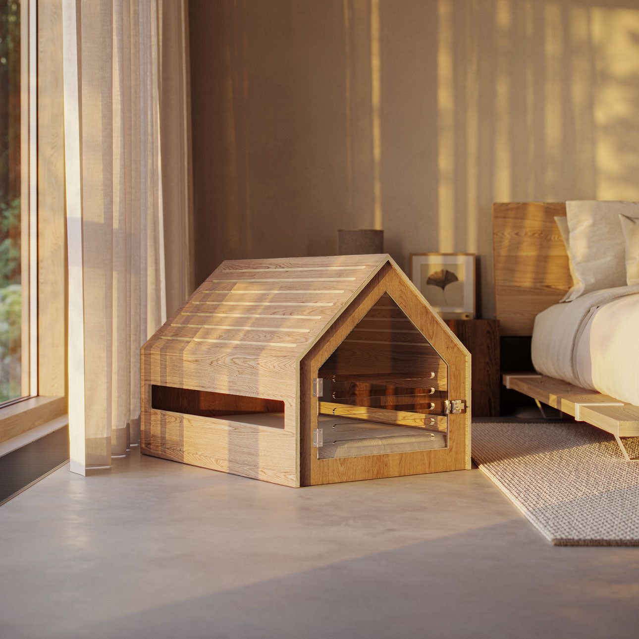 oak wood dog crate in modern bedroom near window next to bed