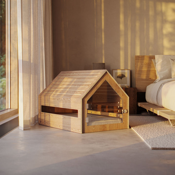 oak wood dog crate in modern bedroom near window next to bed