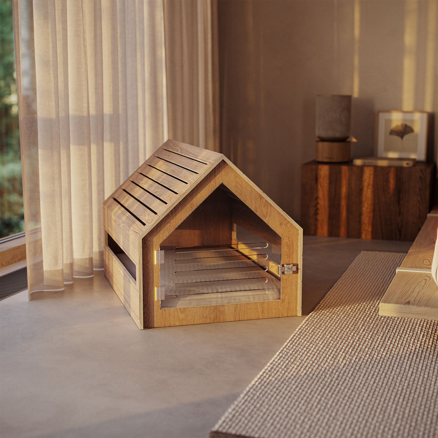 oak wood dog crate in modern bedroom near window