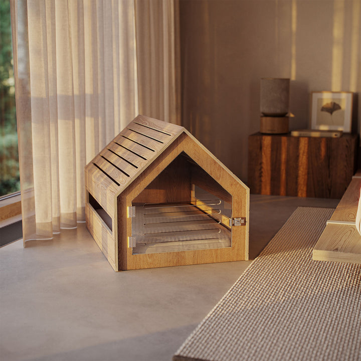 oak wood dog crate in modern bedroom near window
