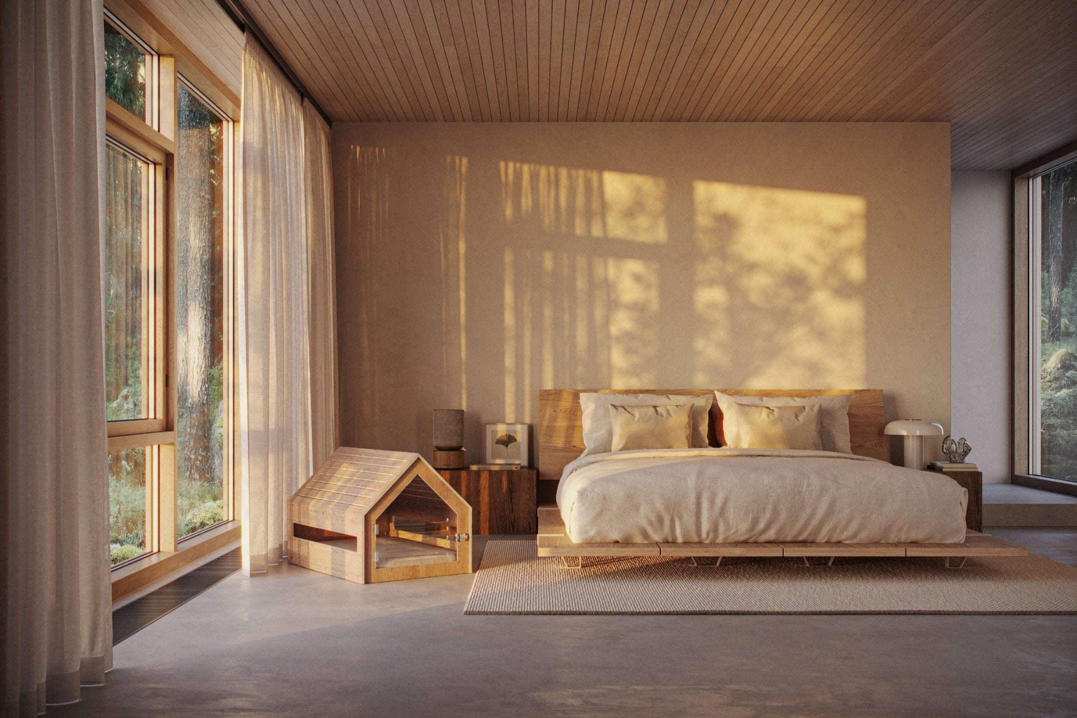 minimalist sunny bedroom with japandi bed and wooden dog house in the corner