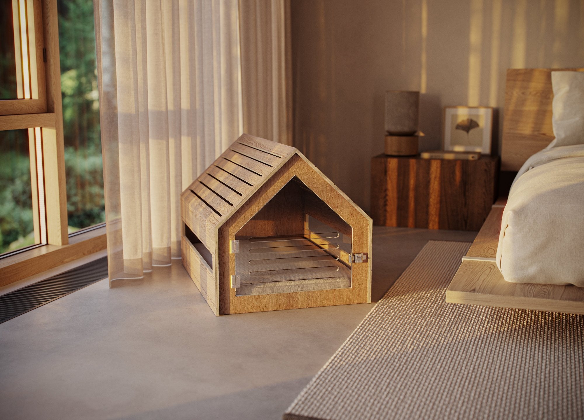 oak wood dog crate in modern bedroom near window